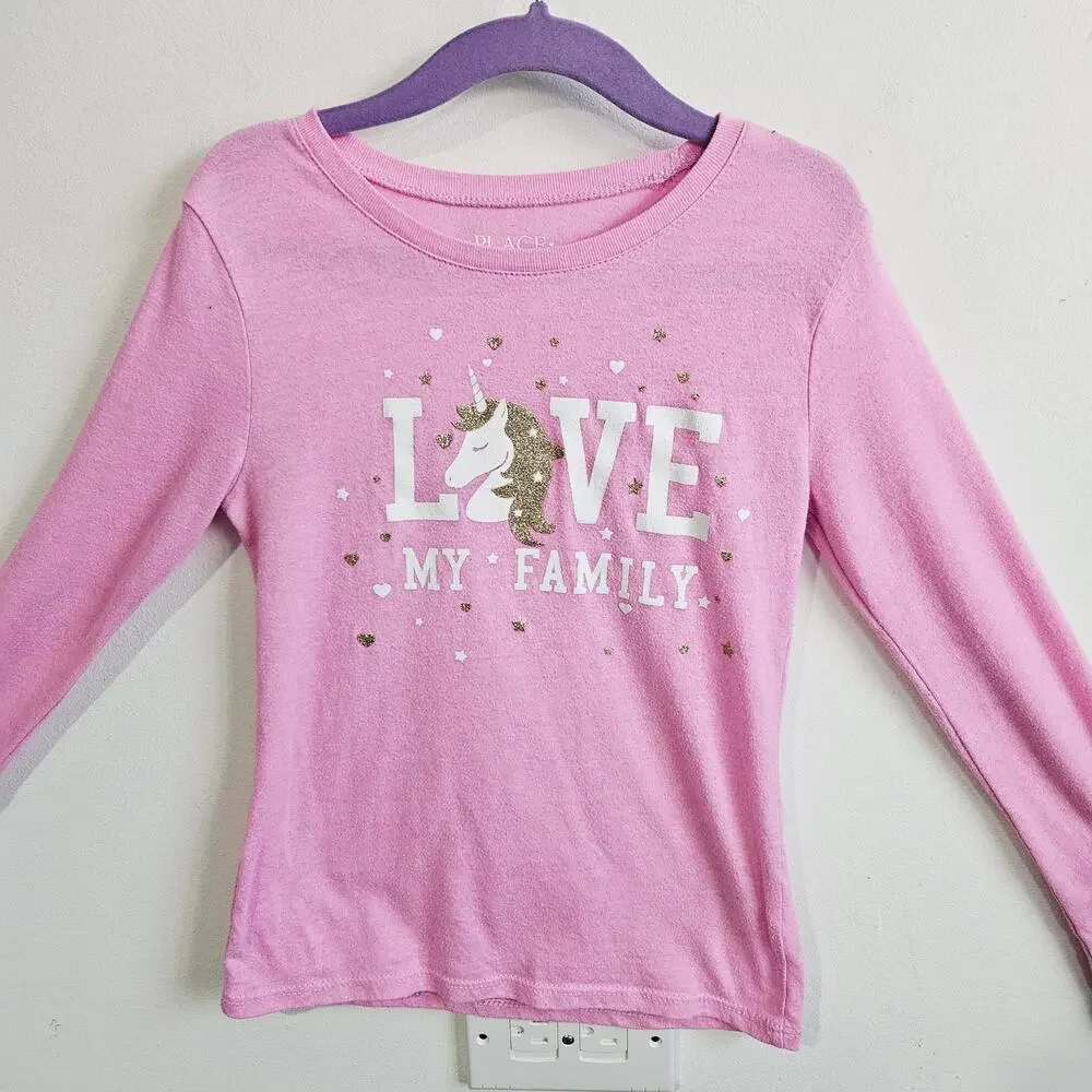 The Children's Place Girls 5/6 Long Sleeve Tee Shirt Pink Unicorn Love My Family